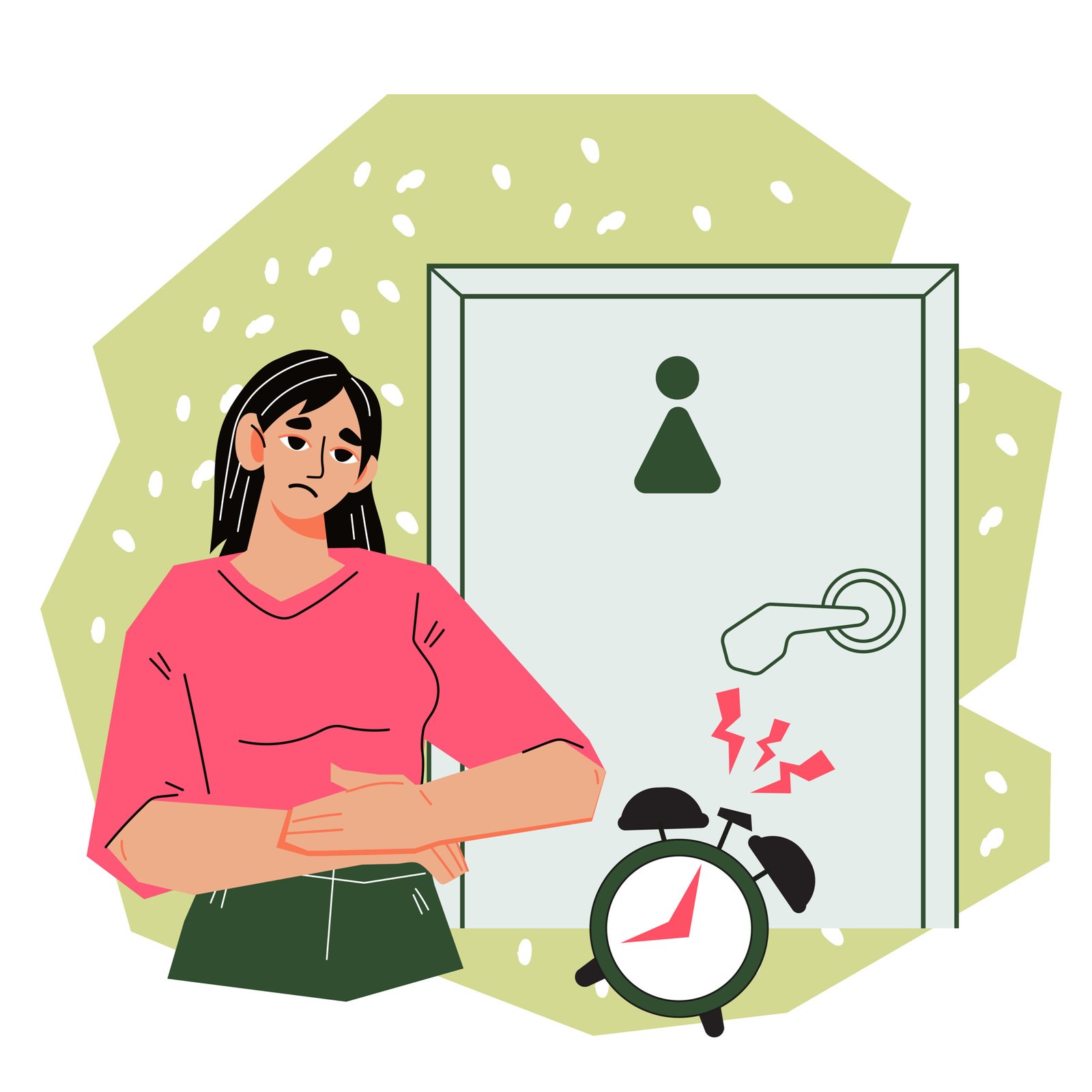 Woman waits at toilet door feeling discomfort with bladder or stomach, vector.
